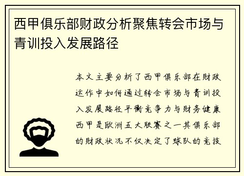 西甲俱乐部财政分析聚焦转会市场与青训投入发展路径