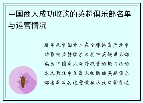 中国商人成功收购的英超俱乐部名单与运营情况